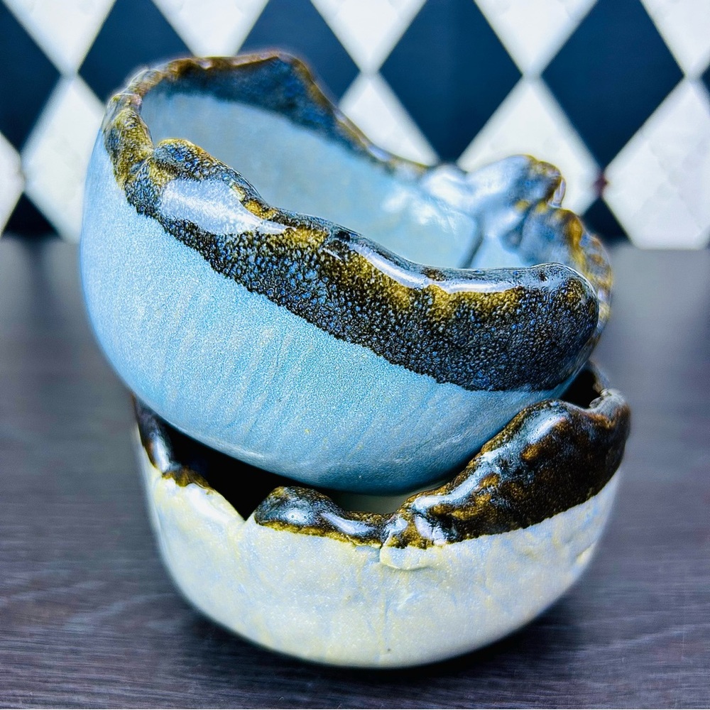Stoneware Studio Pottery Bowls Organic Textured Rim Handcrafted Wabi-Sabi Glaze